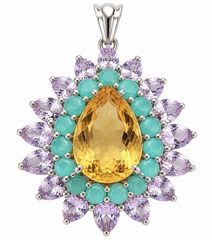 Grace 28.8 carat Citrine Colombian Emerald .925 Sterling Silver handcrafted Statement pendant