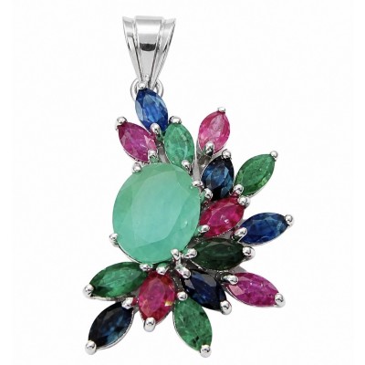 Charming Beauty 18.4 ctw Ruby Emerald Sapphire .925 Sterling Silver handcrafted Statement pendant