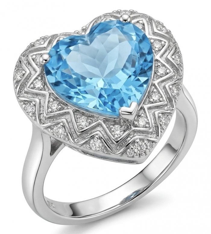 Venus's Heart 8.8 carat Swiss Blue Topaz .925 Sterling Silver dipped in rhodium handcrafted ring size 7 - video