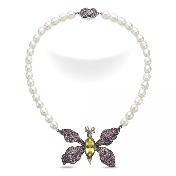 Incredible Butterfly 15.8 Lemon Quarzt Freshwater Pearl 18K Gold over .925 Sterling Silver handmade Large Statement Necklace - video