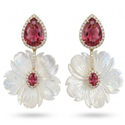 Summer Flowers Blister Pearl Red Topaz 14K Gold over .925 Sterling Silver handcrafted Earrings