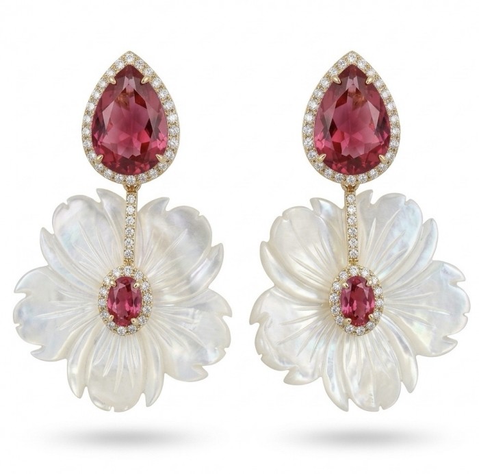 Summer Flowers Blister Pearl Red Topaz 14K Gold over .925 Sterling Silver handcrafted Earrings
