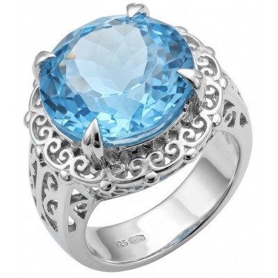 Poseidon 18.8 carat Swiss Blue Topaz .925 Sterling Silver dipped in rhodium handcrafted Large ring size 8 1/4