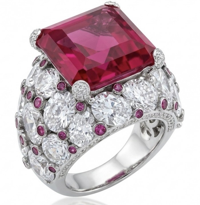 Scarlett 39.7 ctw Mozambique Ruby .925 Sterling Silver dipped in 18K WHITE Gold handcrafted Statement Ring size 8 1/4