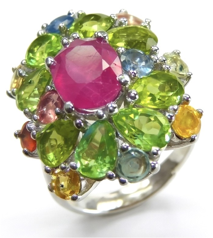 Blooming Garden 6.8 carat Mozambique Ruby 15.5 carat Peridot rhodium over .925 Sterling Silver handmade Statement Ring size 8 adjustable