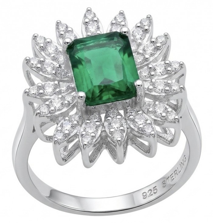 Elizabeth 5.8 carat Colombian Emerald 2.3 carat Moissanite .925 Sterling Silver dipped in Rhodium handcrafted Ring size 7 1/4