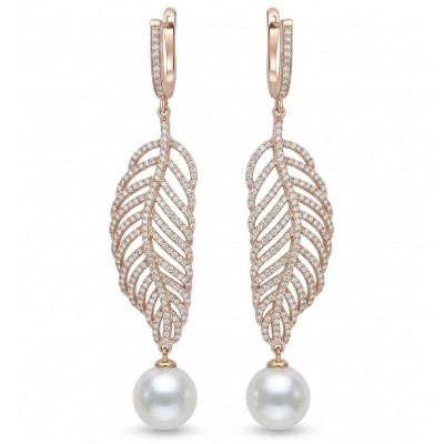 BLOOMING BEAUTY Genuine Pearl 0.2 CARAT lab grown Diamond 22k Rose Gold over .925 Sterling Silver handcrafted Statement Earrings