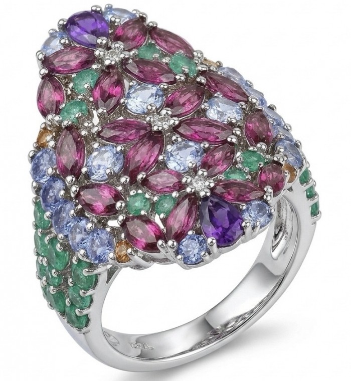 Blooming Garden Authentic 25.5 carat Multigem .925 Sterling Silver brilliantly handcrafted Ring size 8