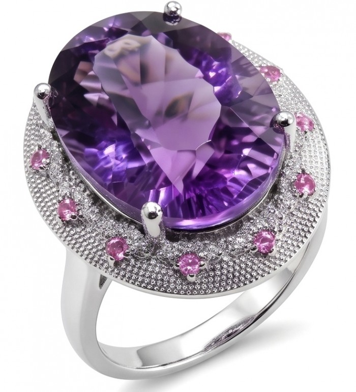 Purple Symphony 15.5 carat natural Amethyst rhodium over .925 Sterling Silver Handcrafted Ring size 8 adjustable