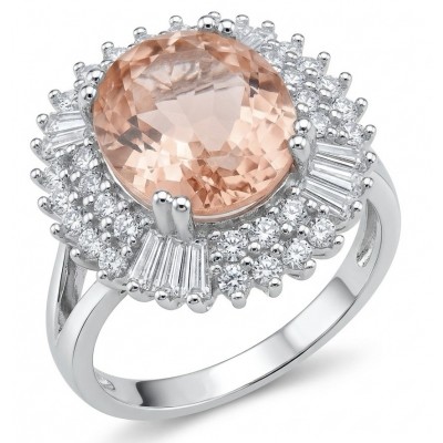 Authentic oval cut 9.2 carat Morganite 14K White Gold over .925 Sterling Silver ring s. 7 1/2