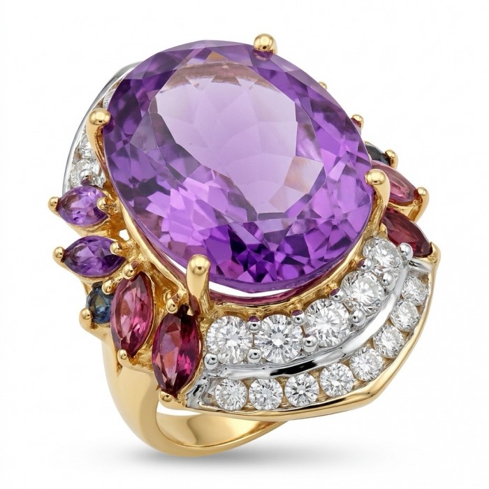 Purple Cascade 21.5 carat natural Amethyst 22K Gold over .925 Sterling Silver Handcrafted Ring size 7
