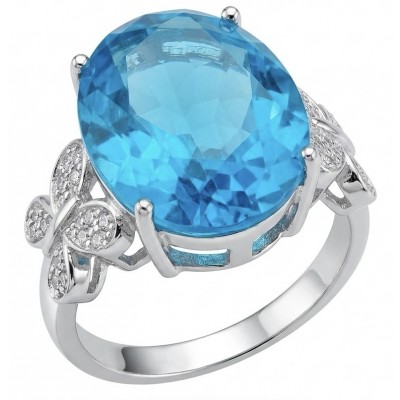 Paris Sky Blue 14.8 carat Swiss Blue Topaz .925 Sterling Silver dipped in rhodium handcrafted ring size 7 3/4