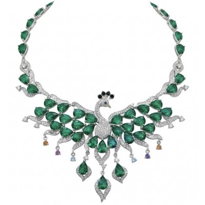 65.2 carat Graceful Peacock Natural Colombian Emerald .925 Sterling Silver handcrafted Statement necklace