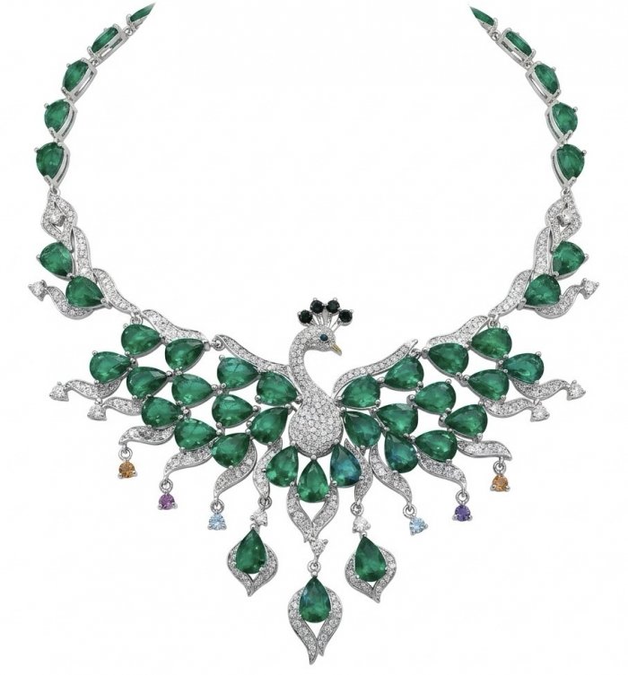 65.2 carat Graceful Peacock Natural Colombian Emerald .925 Sterling Silver handcrafted Statement necklace - video