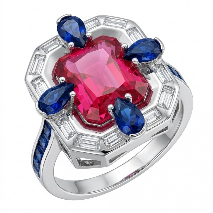 Art Deco 8.6 ctw Ruby .925 Sterling Silver handcrafted Statement Ring size 8