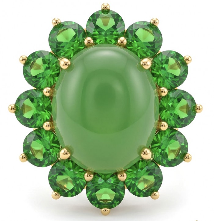 Rare! Fiammetta oval cut 18.2 carat Green Tourmaline Tsavorite Garnet .925 Sterling Silver dipped in 22k Gold entirely handmade Ring size 7