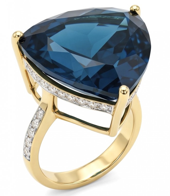 Atlantica rare trillion cut 10.9 carat authentic London Blue Topaz 22K Gold over .925 Sterling Silver Handcrafted Ring size 6 1/4