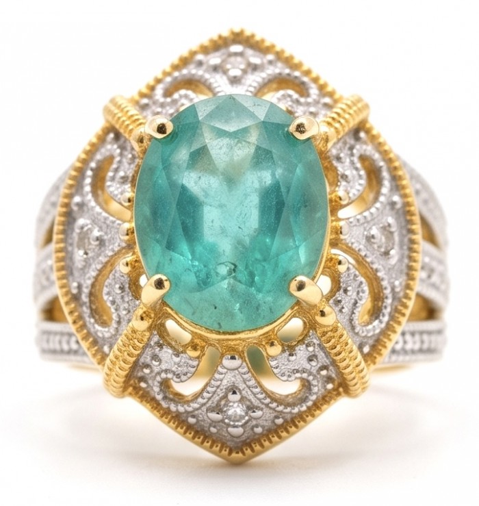 Victorian Style Beauty - Authentic 7.4 carat COLOMBIAN EMERALD .925 Sterling Silver dipped in 18K Gold handcrafted Statement Ring size 7
