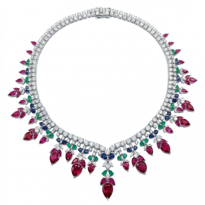 RARE BEAUTY! Valentina 55.2 carat Ruby Emerald Sapphire .925 Sterling Silver dipped in rhodium Statement Necklace - video