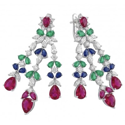 RARE BEAUTY! Valentina 18.2 carat Ruby Emerald Sapphire .925 Sterling Silver dipped in rhodium Statement handcrafted earrings
