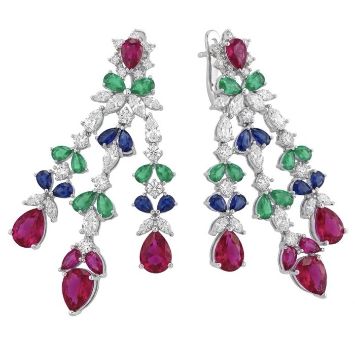 RARE BEAUTY! Valentina 18.2 carat Ruby Emerald Sapphire .925 Sterling Silver dipped in rhodium Statement handcrafted earrings - video