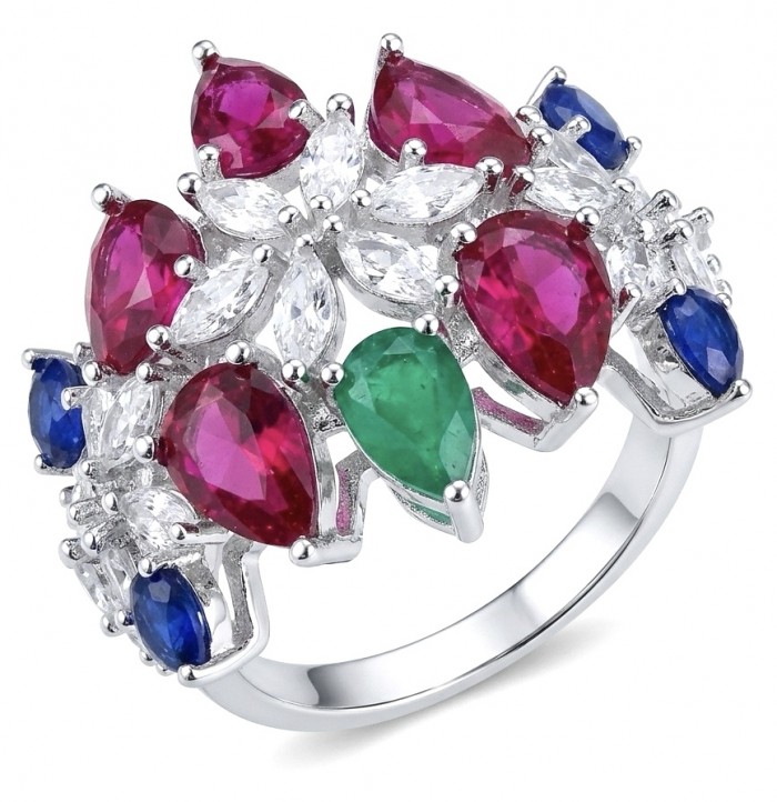 Valentina Genuine Ruby Emerald Sapphire rhodium over .925 Sterling Silver handcrafted Statement Ring size 8