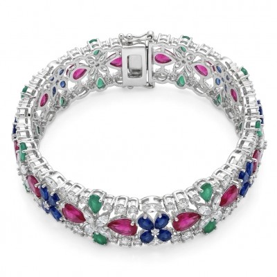 RARE BEAUTY! Valentina 31.2 carat Ruby Emerald Sapphire .925 Sterling Silver dipped in rhodium Statement Bracelet