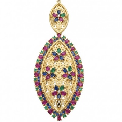 Byzantine Style Ruby Emerald Sapphire 14K Gold over .925 Sterling Silver handcrafted pendant