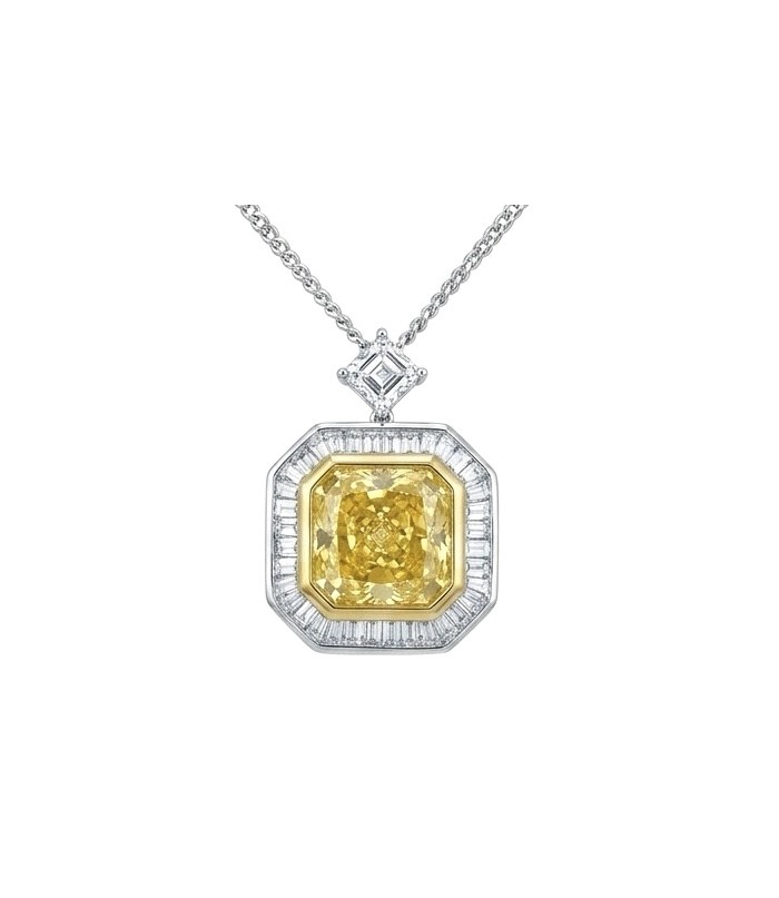 Art Deco - Luxurious asscher cut 14.7 carat Yellow Sapphire rhodium over .925 Sterling Silver handcrafted necklace