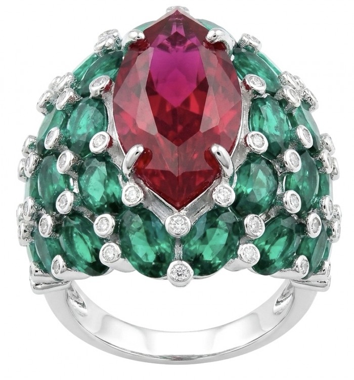 Giovanna 28.6 carat Ruby Emerald .925 Sterling Silver dipped rhodium handmade Huge Statement Ring size 7