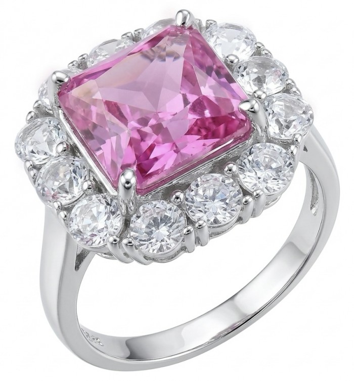 Anastasia princess cut 8.2 carat Pink Sapphire .925 Sterling Silver dipped in Rhodium Handcrafted Statement Ring size 7 1/4