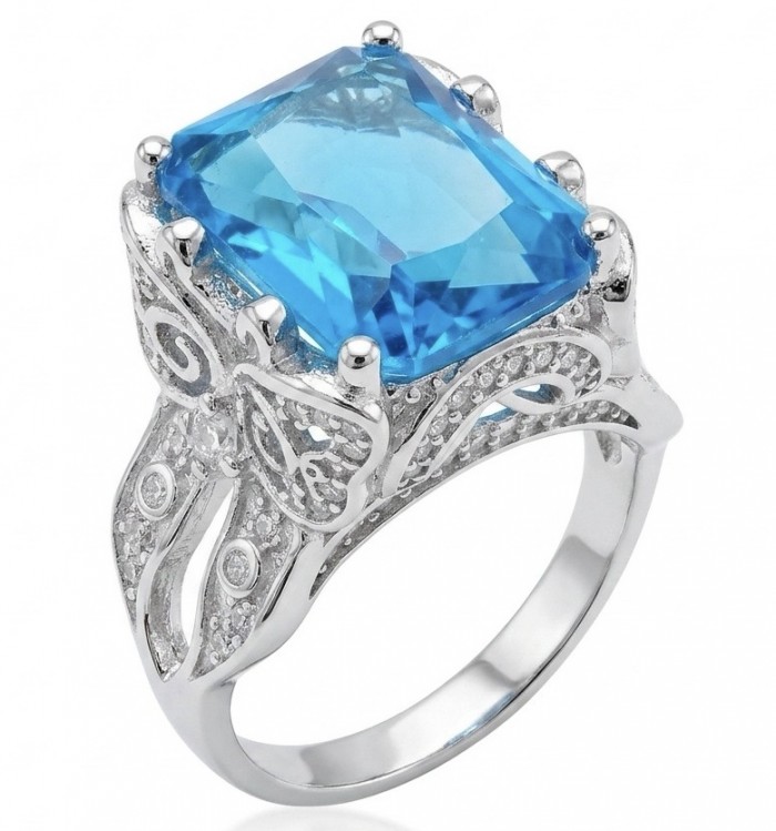 Blue OCEAN 14.3 carat Swiss Blue Topaz .925 Sterling Silver dipped in rhodium handcrafted ring size 7 1/4
