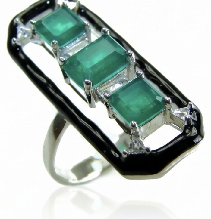 Art Deco 6.2 carat Sapphire black enamel .925 Sterling Silver handcrafted Ring size 8