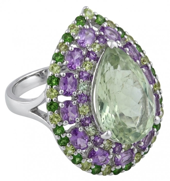 Large Natural 18.5 carat carved Green Amethyst rhodium over .925 Sterling Silver handcrafted ring size 6 3/4