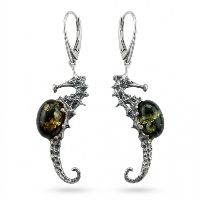 SEAHORSE Style genuine green Baltic Amber .925 Sterling Silver earrings