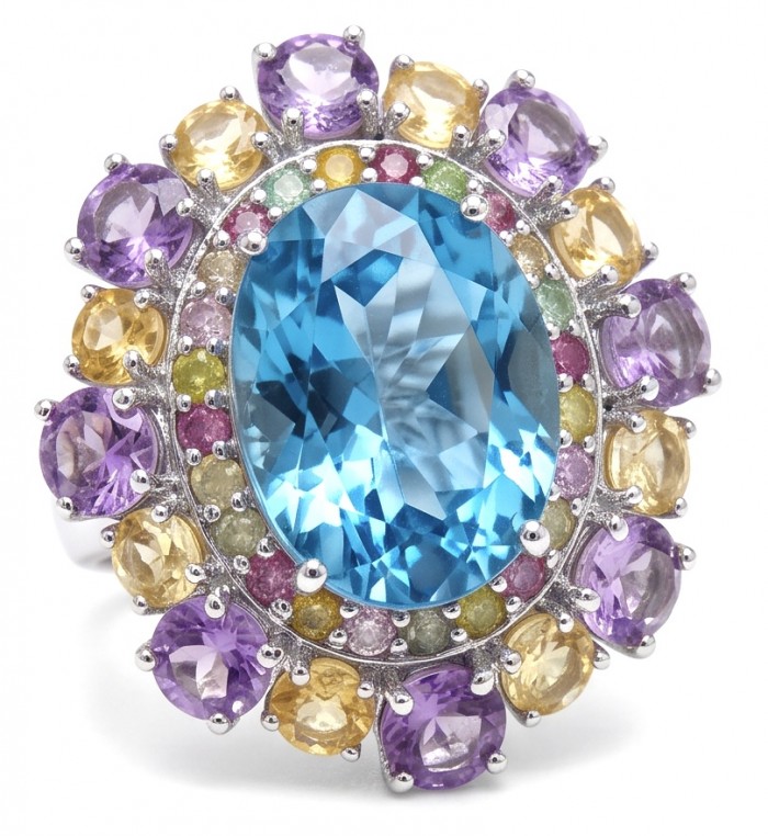 Pacifica - Authentic 33.8 carat Swiss Blue Topaz Rhodium over .925 Sterling Silver handcrafted Large Statement ring size 7