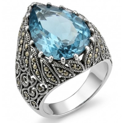Massive Deep Blue 18.8 carat Aquamarine Marcasite .925 Sterling Silver handcrafted ring size 9