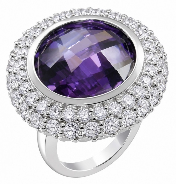 Vintage Beauty - fancy roud cut 14.5 carat Amethyst .925 Sterling Silver dipped in rhodium Handcrafted Large Ring size 5