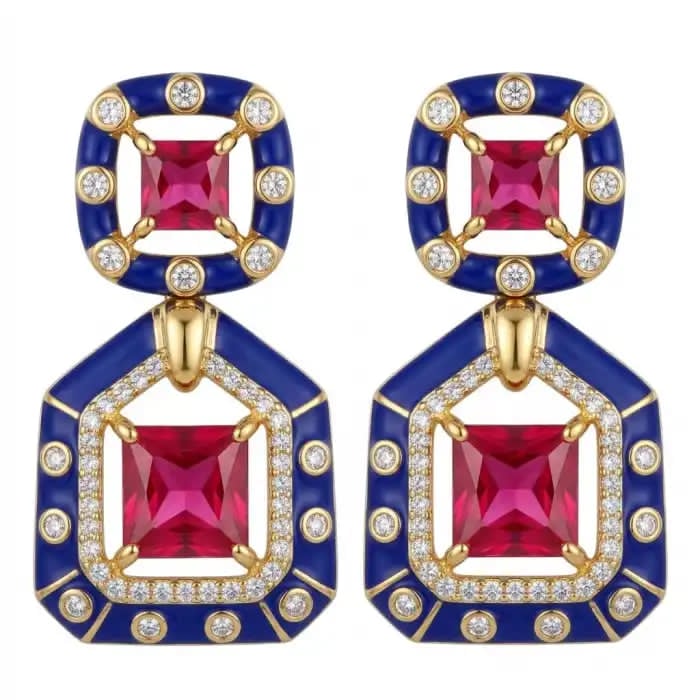 Art deco Magnificent Jewel 6.4 carat Ruby blue enamel .925 Sterling Silver dipped in 18K Gold handcrafted incredible earrings