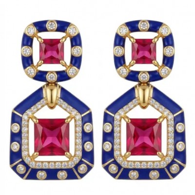Art deco Magnificent Jewel 6.4 carat Ruby blue enamel .925 Sterling Silver dipped in 18K Gold handcrafted incredible earrings