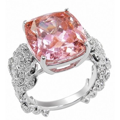 Authentic emerald cut 12.2 carat volcanic Morganite 14K White Gold over .925 Sterling Silver ring s. 6