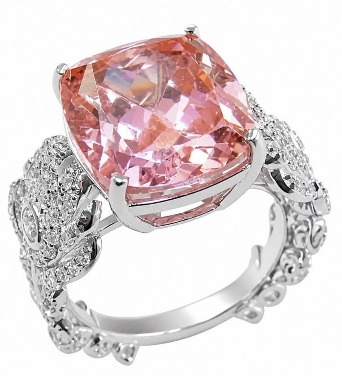 Authentic emerald cut 12.2 carat volcanic Morganite 14K White Gold over .925 Sterling Silver ring s. 6
