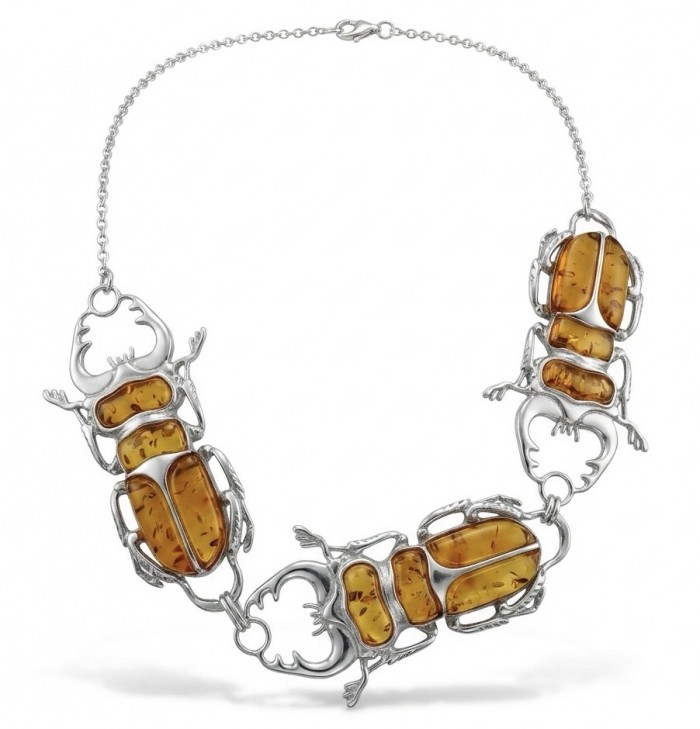 Unique creation - The Egyptian Scarab Beetles natural Baltic Amber .925 Sterling Silver handcrafted necklace