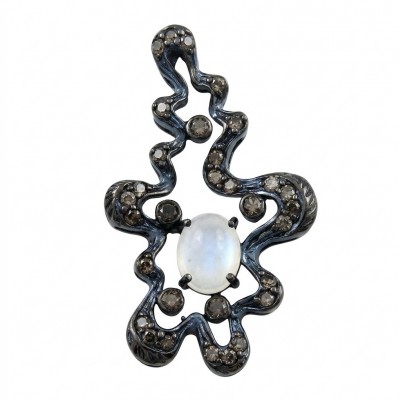 Genuine 5.5 carat Fire Moonstone black rhodium over .925 Sterling Silver handcrafted pendant