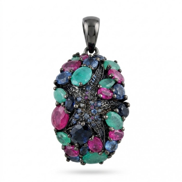 Vintage Beauty 10.7 carat Emerald Ruby Sapphire Black Rhodium over .925 Sterling Silver handcrafted pendant