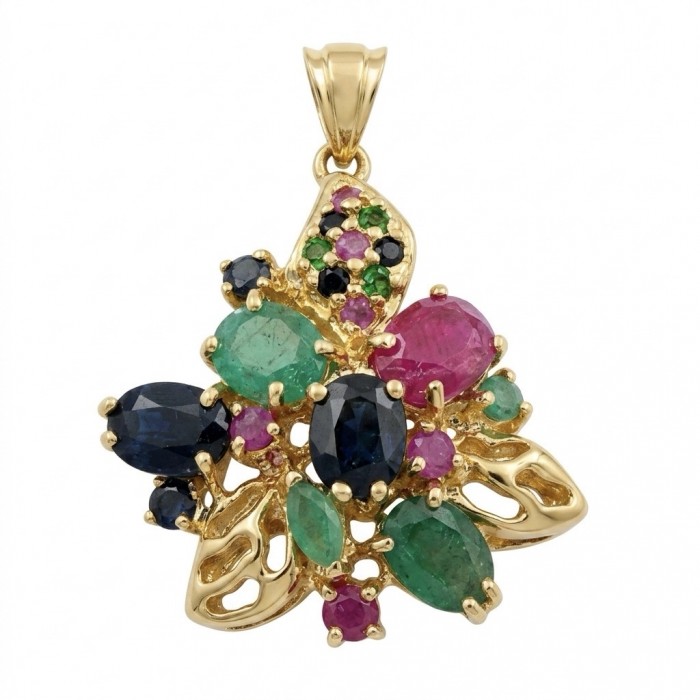 Charming Beauty 10.4 ctw Ruby Emerald Sapphire 22K Gold over .925 Sterling Silver handcrafted Statement pendant