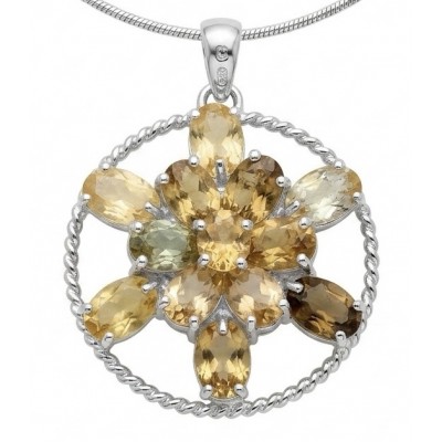 Round cut 12.5 carat Lemon Quartz rhodium over .925 Sterling Silver handcrafted pendant