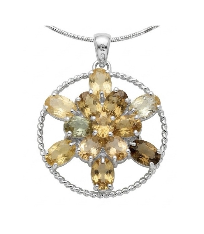 Round cut 12.5 carat Lemon Quartz rhodium over .925 Sterling Silver handcrafted pendant