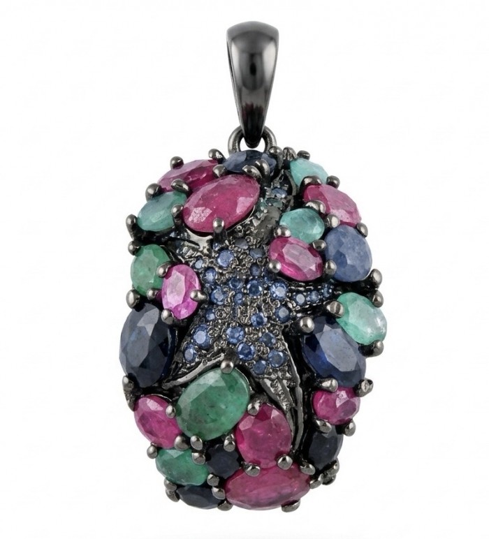 Vintage Beauty 10.7 carat Emerald Ruby Sapphire Black Rhodium over .925 Sterling Silver handcrafted pendant