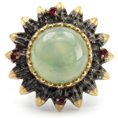 Vintage Style Best quality 22.8 carat Prehnite 2 tones .925 Sterling Silver handcrafted Ring Size 6